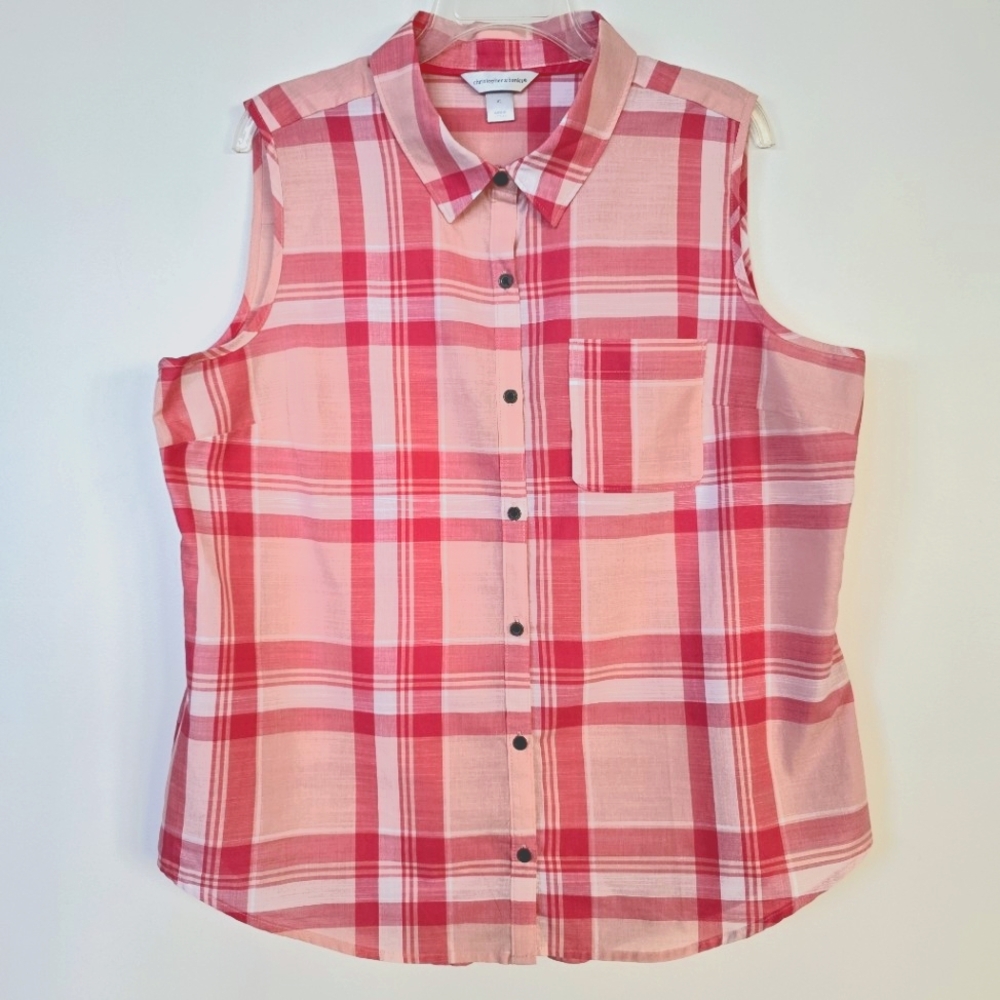 NWOT XL 100% Cotton Sleeveless Button-Back Blouse Plaid Coral Pink White